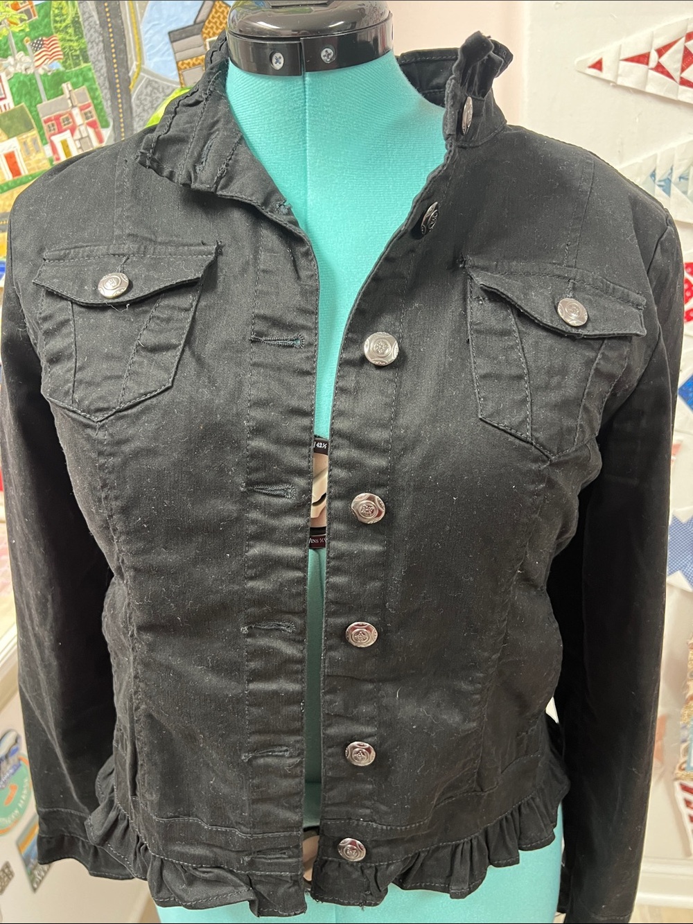 Baccini Black Ruffle-Hem Jean Jacket